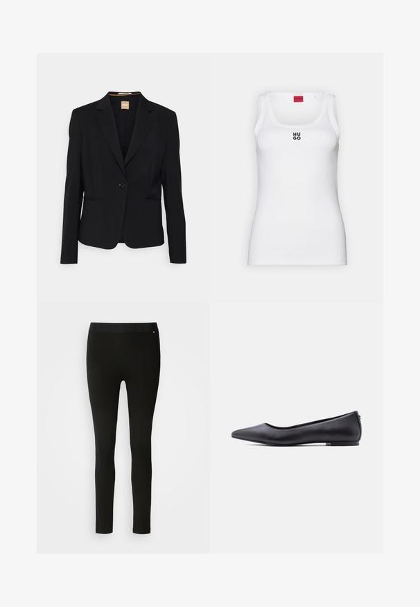 Sort blazer lavet af glat stof, med en enkelt knaplukning, notch-lapel krave og to frontlommer. Skræddersyet pasform med lange ærmer.; Hvid tanktop lavet af bomuld, med et enkelt design og en rund halsudskæring samt et sort "HUGO" logo i midten. Glat tekstur.; Sorte leggings med en glat tekstur, featuring en fleksibel talje og diskret sømdetalje. Ingen mønstre eller hardware er til stede.; Sort flad lædersko med spidst tåparti og lav hæl, vist i sideprofil mod en hvid baggrund.