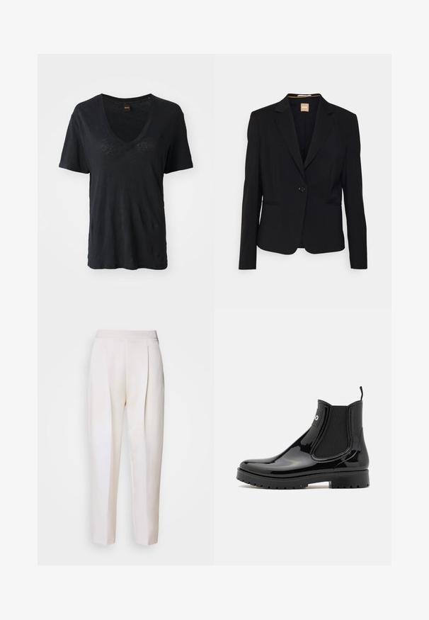 Blazer negro de tela suave, con cierre de un solo botón, solapas con muesca y dos bolsillos frontales. Corte ajustado con mangas largas.; Camiseta negra de manga corta con cuello en V, hecha de una tela suave, con un corte holgado y un sutil detalle texturizado en la parte frontal.; Pantalones de color crema, a medida, con una textura suave, que presentan pliegues frontales y un diseño estilizado. Sin bolsillos ni herrajes visibles.; HUGO TABITA - Botas de agua - black