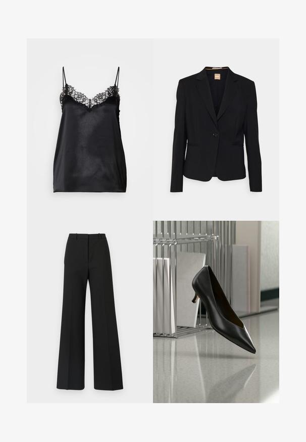 Schwarzer Blazer aus glattem Stoff, mit einem Ein-Knopf-Verschluss, Reverskragen und zwei vorderen Taschen. Taillierte Passform mit langen Ärmeln.; Schwarze Satin-Camisole mit verstellbaren dünnen Trägern, die eine Spitzenbesatz entlang des Ausschnitts und eine glatte, glänzende Textur aufweist.; Schwarze weite Hosen mit maßgeschneidertem Design, das eine glatte Textur und subtile Falten an der Vorderseite aufweist. Keine sichtbaren Beschläge oder Muster.; Schwarzer Leder-Kitten-Heel-Schuh mit spitz zulaufender Spitze, der über einem grau gesprenkelten Boden schwebt, neben einem Metall-Ordnerhalter mit Ordnern.