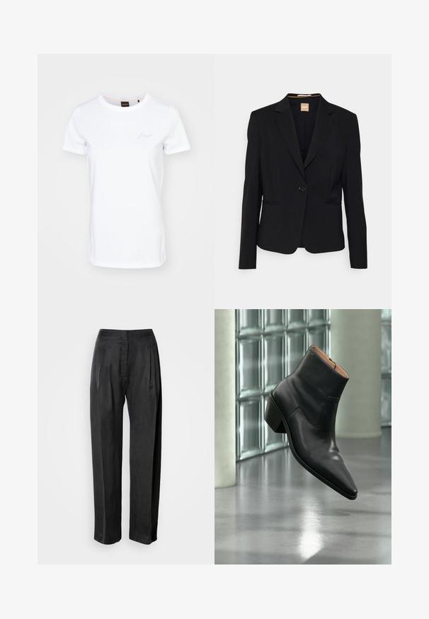 Čierny blazer z hladkého materiálu, s jedným gombíkom na zapínanie, klopovými goliermi a dvoma prednými vreckami. Strih na mieru s dlhými rukávmi.; Biele tričko s krátkym rukávom vyrobené z bavlny. Má okrúhly výstrih a jemne vyšívané logo na hrudi. Hladká textúra.; Čierne široké nohavice z hladkej látky, s prednými záhybmi, zapínaním na zips a klasickým pásom.; Čierna kožená členková obuv s ostrou špičkou a blokovým podpätkom vznášajúca sa nad odrazovou sivou podlahou pri stene zo sklenených blokov.