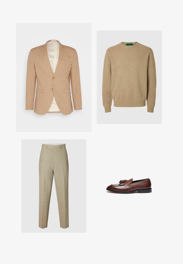 Lysbrun linned blazer med to knapper, slåede revers, en brystlomme og to forlommer. Cremerfarvet satinforing synlig.; Beige uldpullover med lange ærmer, rund halsudskæring og ribbede kanter. Blød tekstur med subtil meleret mønster. Grøn etikette synlig.; Beige skræddersyede bukser med forreste pres, bæltestropper og lige ben, vist på en neutral baggrund.; Brune læder loafers med en glat finish, dekorative kvaster, en rund tå og en lav sort gummisål.