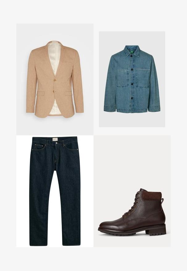 Lysbrun linned blazer med to knapper, slåede revers, en brystlomme og to forlommer. Cremerfarvet satinforing synlig.; Denimjakke i lyseblå med krave, knaplukning, to forlommer og kontrastsyning på brystlommerne.; Mørkeblå denim jeans med lige ben, fem lomme styling og kontrastsyet på sømmene. Glat stoftekstur.; Brun læder ankelstøvle med en struktureret overflade, snørebåndsdesign, gyldne øjer og en akcent i brunt ruskind ved anklen. Kraftig gummisål.