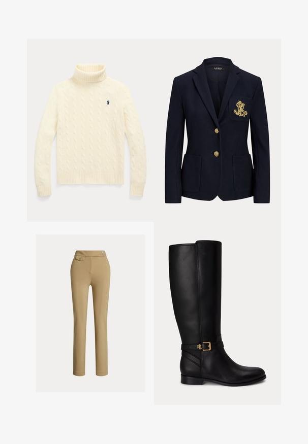 Marineblå blazer med gyldne knapper, to forlommer og et guldbroderet logo på venstre brystlomme.; Kremfarvet kabelstrikket rullekraventrøje med lange ærmer og lille navyblåt broderet logo på venstre bryst.; Beige slim-fit kvindebukser med høj talje, to knapper i siden og en lille lomme med knap nær taljebåndet.; Sort knæhøj læderstøvle med lav hæl, guldlås og lille præget logo på sidespændet.