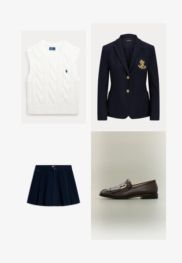 Marineblå blazer med gyldne knapper, to forlommer og et guldbroderet logo på venstre brystlomme.; Hvid ærmeløs kabelstrikket sweater med ribbet kant. Har en lille, broderet blå logo på brystet. Tekstureret, blødt stof.; Marineblå plisseret mininederdel med knapper foran og lynlås, bæltestropper, sidelommer og lille logo på venstre hofte.; Mørkebrune læderloafer med frynsedetalje og guldbeslag på en neutral baggrund, sidevisning.