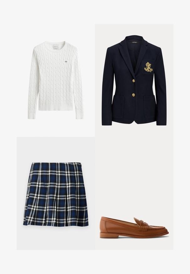 Blazer bleu marine avec boutons dorés, deux poches avant et un logo brodé en or sur la poche poitrine gauche.; Pull blanc en maille torsadée avec un col rond, des poignets et un ourlet côtelés, comprenant un petit logo brodé sur la poitrine gauche.; Jupe mini à carreaux avec des couleurs marine, noire et blanche. Dotée de plis et d'une texture lisse. Fermeture éclair sur le côté.; Mocassin en cuir marron avec petit talon en bois, bride classique pour pièce et détails cousus le long de la pointe et des côtés.