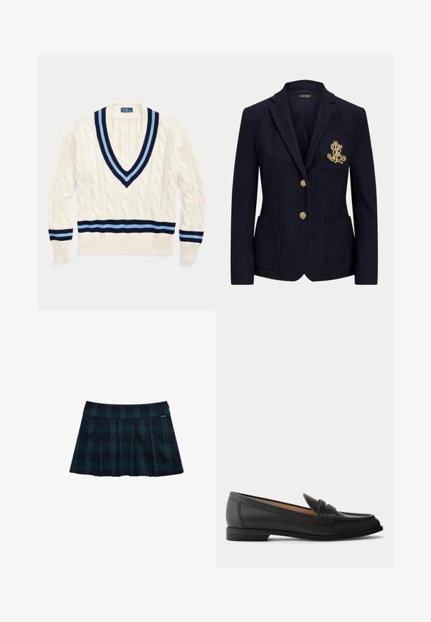 Blazer azul marino con botones dorados, dos bolsillos delanteros y un logo bordado en oro en el bolsillo izquierdo del pecho.; Suéter de punto en crema con escote en V, que presenta rayas en azul marino y azul claro en el cuello y el dobladillo inferior.; Falda plisada de cuadros en verde oscuro y azul marino con una cintura lisa y un detalle con logo. Presenta un diseño clásico de pliegues en capas.; Mocasín negro de cuero para mujer con tacón bajo, puntera redondeada y detalles cosidos en la parte superior, mostrado de lado sobre un fondo liso.