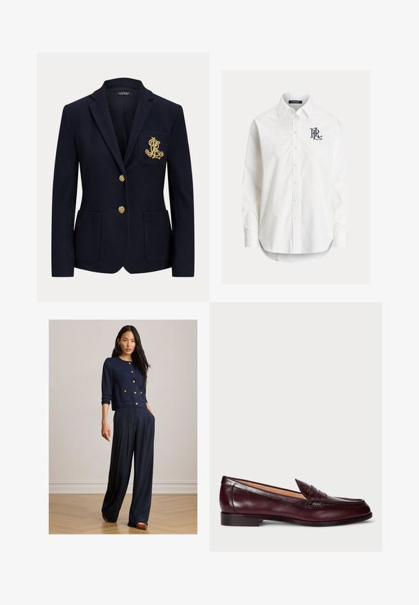 Blazer azul marino con botones dorados, dos bolsillos delanteros y un logo bordado en oro en el bolsillo izquierdo del pecho.; Camisa blanca de manga larga con botones, cuello puntiagudo y logo bordado en negro en el pecho izquierdo.; Mujer con cárdigan azul marino abotonado con botones dorados y pantalones de pierna ancha, de pie sobre suelo de madera frente a una pared lisa.; Mocasines de cuero burdeos con un acabado suave, punta redondeada, costuras decorativas y un tacón bajo. El interior tiene un suave forro beige.