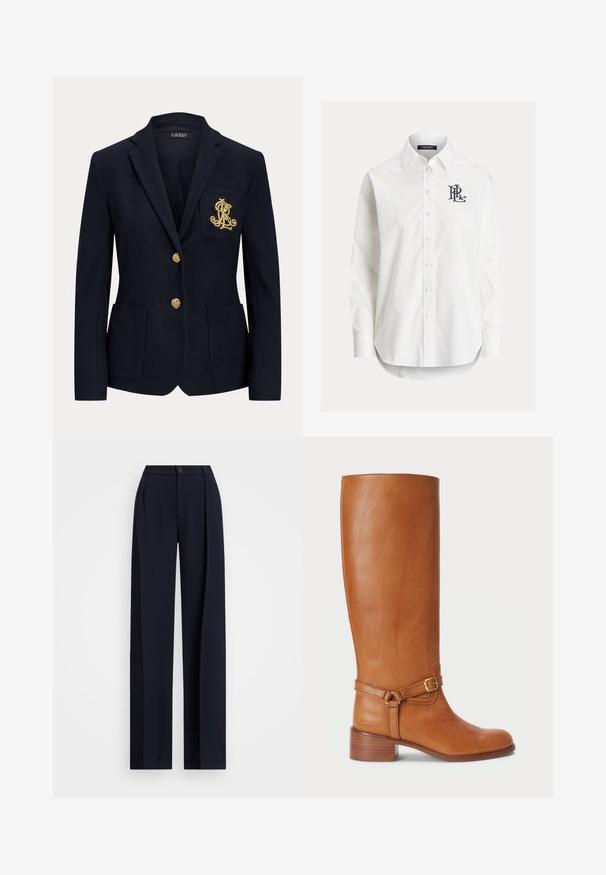 Navyblauwe blazer met gouden knopen, twee steekzakken aan de voorkant en een goud geborduurd logo op de linkerborstzak.; Wit overhemd met lange mouwen, knopen, een puntige kraag en een zwart geborduurd logo op de linkerborst.; Marine brede broek met plooien, een knoopsluiting en een gladde stofstructuur. Ontworpen voor een losse, comfortabele pasvorm.; Hoge bruine leren laarzen met een gladde afwerking, voorzien van een zijkantgesp en een gestapelde hak. De schacht heeft een strakke, ongecompliceerde uitstraling.