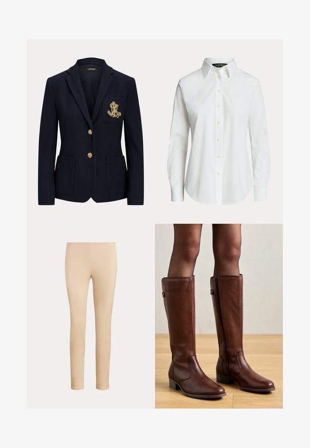Marineblå blazer med gyldne knapper, to forlommer og et guldbroderet logo på venstre brystlomme.; Hvid langærmet skjorte med knapper, klassisk krave og synlige knapper foran, vist på en ensfarvet baggrund.; Beige slim-fit ankellange bukser med en glat finish og uden synlige lommer eller pynt på en ensfarvet baggrund.; Anna Field by Zalando LEATHER - Høje støvler/ Støvler - brown