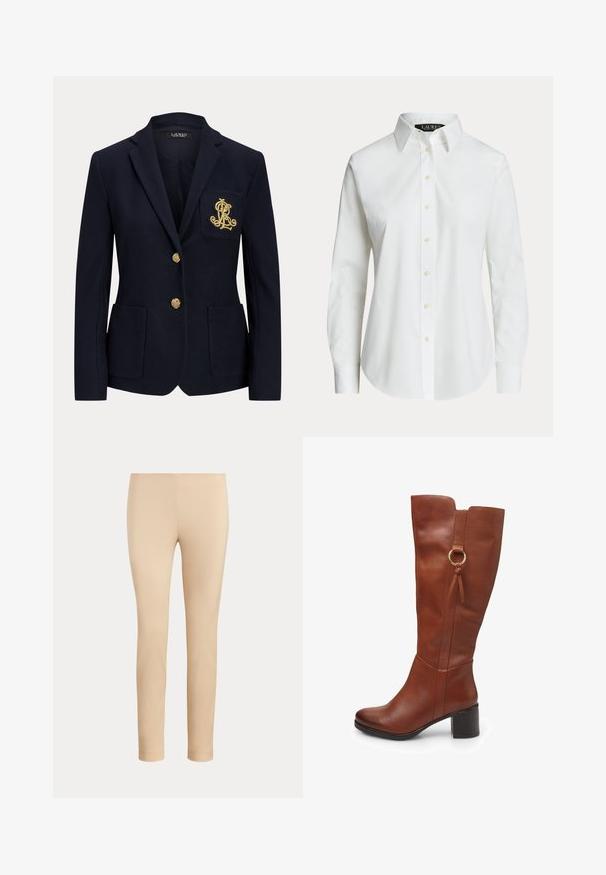 Marineblå blazer med gyldne knapper, to forlommer og et guldbroderet logo på venstre brystlomme.; Hvid langærmet skjorte med knapper, klassisk krave og synlige knapper foran, vist på en ensfarvet baggrund.; Beige slim-fit ankellange bukser med en glat finish og uden synlige lommer eller pynt på en ensfarvet baggrund.; Brun læder knæhøj støvle med rundet tå, chunky hæl, sides lynlås og dekorativ ringdetalje nær toppen. Glat tekstur.