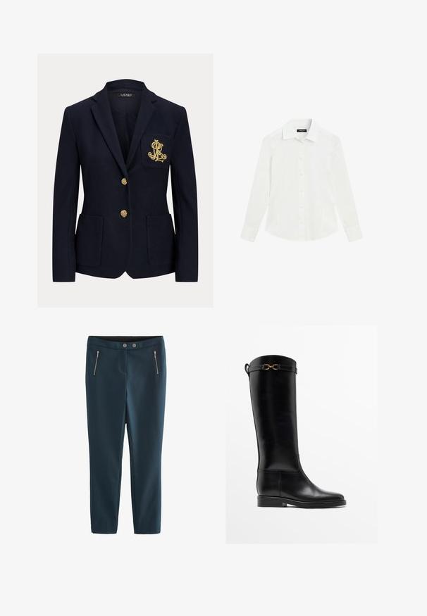 Navyblauwe blazer met gouden knopen, twee steekzakken aan de voorkant en een goud geborduurd logo op de linkerborstzak.; Wit overhemd met lange mouwen, kraag en manchetten, plat liggend op een witte achtergrond.; Next SKINNY PETITE - Broek - navy blue; Hoge zwarte leren laars met lage hak en gouden gespdetail vlak bij de bovenkant, zijaanzicht op een witte achtergrond.