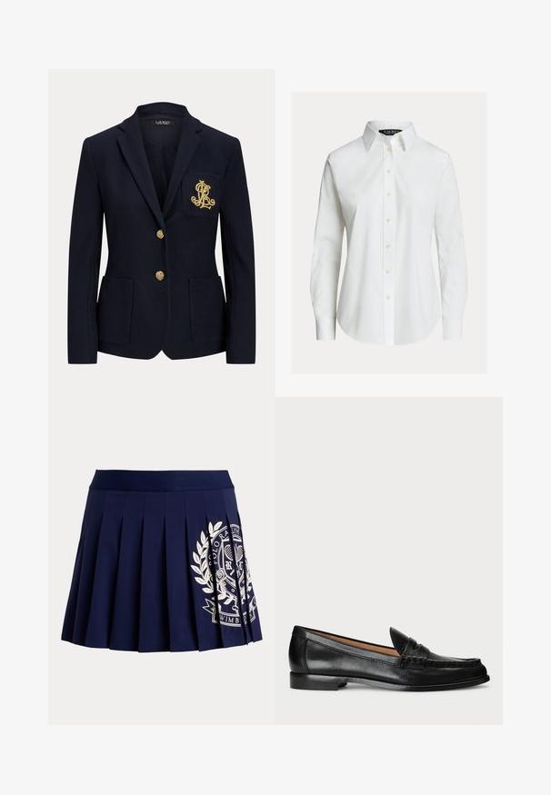 Navyblauwe blazer met gouden knopen, twee steekzakken aan de voorkant en een goud geborduurd logo op de linkerborstzak.; Witte overhemd met lange mouwen, knopen aan de voorkant, puntige kraag en licht gebogen zoom.; Marineblauwe geplooide rok met brede tailleband en wit tennis-thema wapenlogo aan de rechteronderkant.; Lauren Ralph Lauren WYNNIE - Instappers - black