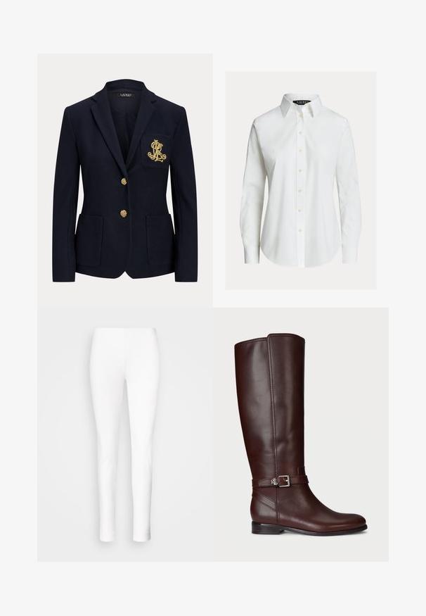 Marineblå blazer med gyldne knapper, to forlommer og et guldbroderet logo på venstre brystlomme.; Hvid skjorte med lange ærmer, knapper foran, spids krave og let buet kant.; Hvide leggings lavet af strækbart materiale. Tætsiddende design med en glat tekstur, der snævrer ind ved anklerne uden synlige lukninger eller udsmykninger.; Brune læderknæ-høje støvler med en glat overflade, sølvfarvet spændeaccent og en lav stabelhæle. Har diskret syninger.