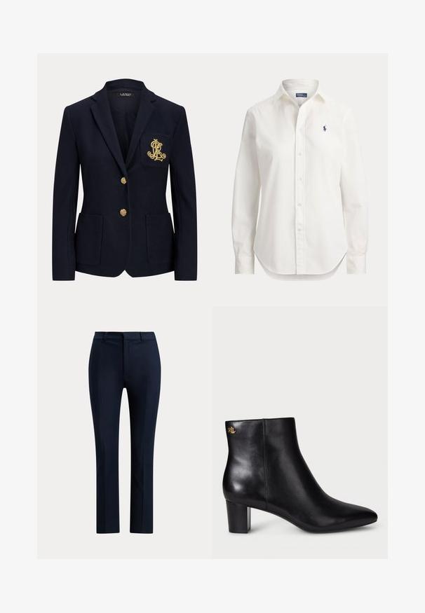 Marineblazer mit goldenen Knöpfen, zwei Fronttaschen und einem goldbestickten Logo auf der linken Brusttasche.; Weißes langärmliges Hemd mit Knöpfen, Kragen und kleinem blauem Logo eines Polospielers auf der linken Brust.; Marineblaue, maßgeschneiderte Anzughose mit geradem Bein, Gürtelschlaufen und vorderem Reißverschluss.; Schwarze Leder-Stiefelette mit spitzer Zehe und Blockabsatz. Verfügt über ein Gold-Logo-Detail auf der Rückseite. Glatte Textur mit einem eleganten Design.