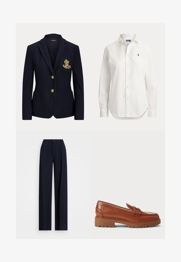 Marineblå blazer med gyldne knapper, to forlommer og et guldbroderet logo på venstre brystlomme.; Hvid langærmet skjorte med knapper, krave og lille blåt logo af en polospiller på venstre bryst.; Mørkeblå brede bukser med folder, knappelukning og en glat stofstruktur. Designet til en løs og komfortabel pasform.; Brune læder loafers med en moccasin-foddesign, synlig syning og en kraftig, tekstureret gummisål. Hardware i guldfarve som accent.