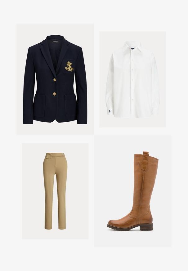 Marineblå blazer med gyldne knapper, to forlommer og et guldbroderet logo på venstre brystlomme.; Hvid langærmet skjorte med knapper og spids krave samt mørkeblå broderet logo på venstre manchet.; Beige slim-fit kvindebukser med høj talje, to knapper i siden og en lille lomme med knap nær taljebåndet.; Anna Field by Zalando LEATHER - Høje støvler/ Støvler - cognac