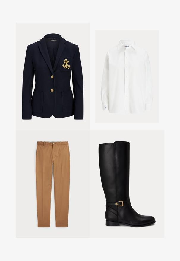 Blazer azul marino con botones dorados, dos bolsillos delanteros y un logo bordado en oro en el bolsillo izquierdo del pecho.; Camisa blanca de manga larga con botones, cuello puntiagudo y logo bordado en azul marino en el puño izquierdo.; Pantalones de algodón marrón con un diseño ajustado, parte delantera plana y bolsillos estándar; textura suave y puños dobladillos.; Bota negra de cuero hasta la rodilla con tacón bajo, hebilla dorada y pequeño logo en relieve en la correa lateral.
