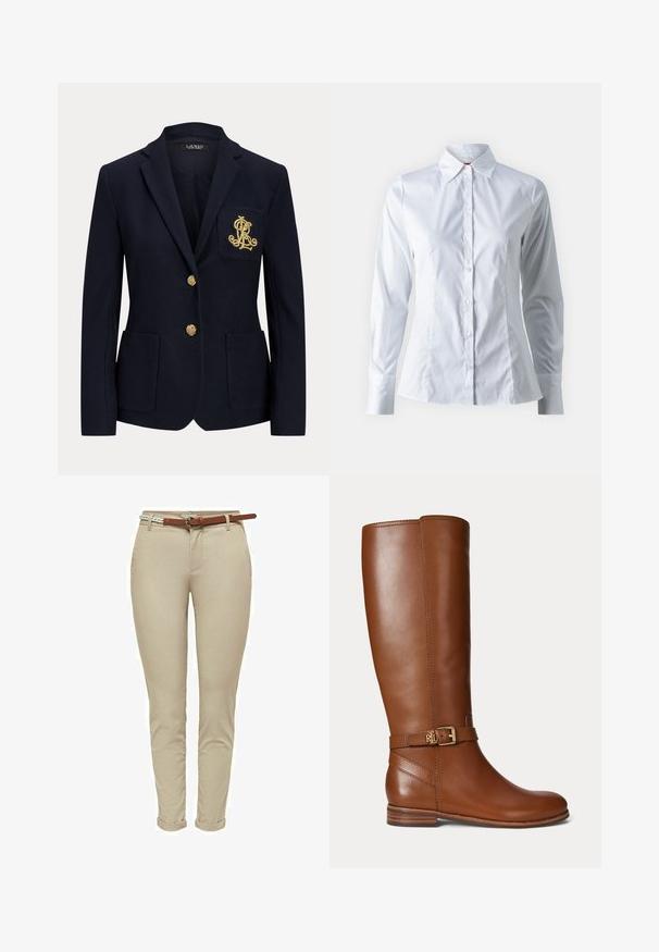 Blazer bleu marine avec boutons dorés, deux poches avant et un logo brodé en or sur la poche poitrine gauche.; Chemise blanche à manches longues, col pointu, design ajusté, en tissu de coton lisse et fermeture à boutons sur le devant.; Pantalons beige ajustés en coton avec une texture lisse, dotés d'une ceinture en cuir marron et de revers roulés pour plus de détails.; Botte en cuir marron montant jusqu’au genou avec une petite boucle dorée et le logo "RL" sur la sangle près de la cheville, talon plat et finition lisse.