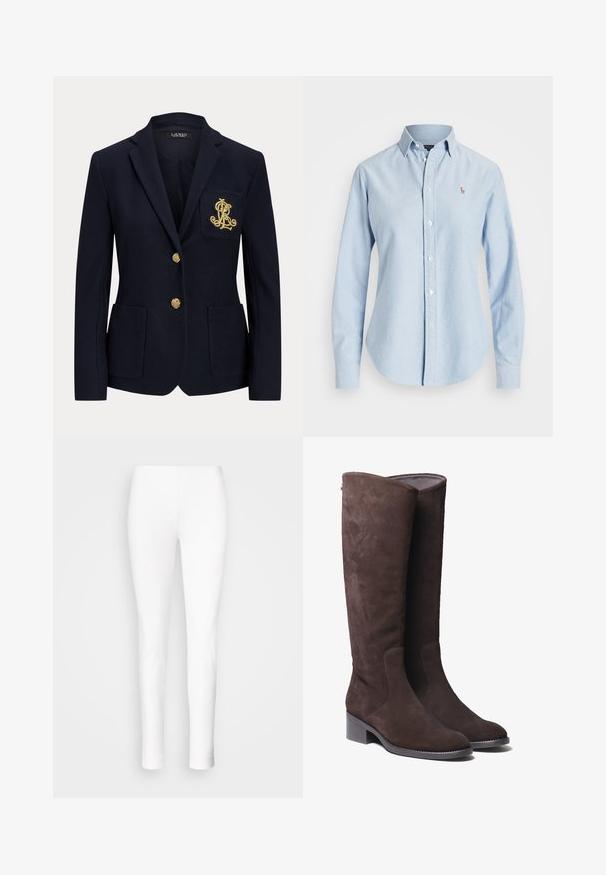 Navyblauwe blazer met gouden knopen, twee steekzakken aan de voorkant en een goud geborduurd logo op de linkerborstzak.; Lichtblauw overhemd met lange mouwen, knopen, kraag en een klein geborduurd logo op de linkerborst.; Witte leggings van rekbaar materiaal. Fitted ontwerp met een gladde textuur, zich taperend naar de enkels zonder zichtbare sluitingen of versieringen.; Bruine suède kniehoge laarzen met een licht afgeronde neus en een lage blokhak. Kenmerkt zich door subtiele stikdetails langs de zijkanten.