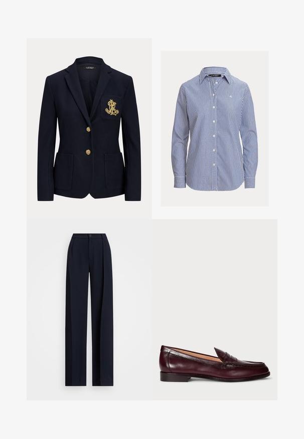 Blazer azul marino con botones dorados, dos bolsillos delanteros y un logo bordado en oro en el bolsillo izquierdo del pecho.; Camisa de mujer de manga larga con rayas verticales azules y blancas, cuello puntiagudo y pequeño logo bordado en el pecho.; Pantalones de pierna ancha en color marino con pliegues, cierre de botón y una textura de tela suave. Diseñados para un ajuste suelto y cómodo.; Mocasines de cuero burdeos con un acabado suave, punta redondeada, costuras decorativas y un tacón bajo. El interior tiene un suave forro beige.