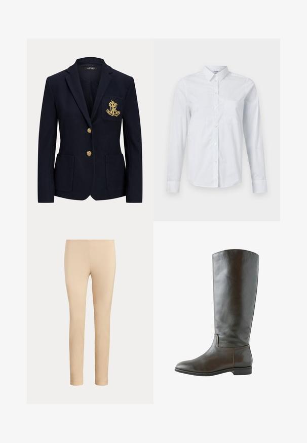 Blazer bleu marine avec boutons dorés, deux poches avant et un logo brodé en or sur la poche poitrine gauche.; Chemise blanche à manches longues en coton, avec col, ouverture boutonnée à l'avant, et une poche poitrine unique. Texture lisse. Sans motifs.; Pantalon beige slim fit longueur cheville avec une finition lisse, sans poches visibles ni ornements, sur un fond uni.; Botte en cuir marron montant, avec une texture lisse, un bout arrondi et peu de détails de couture. Semelle plate avec un petit talon.