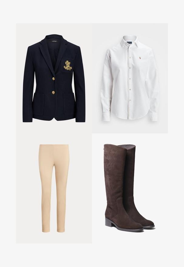 Navyblauwe blazer met gouden knopen, twee steekzakken aan de voorkant en een goud geborduurd logo op de linkerborstzak.; Witte, lange mouwen, button-up overhemd van katoen, met een klassieke kraag en een klein geborduurd logo op de borst.; Beige slim-fit enkellange broek met een gladde afwerking en zonder zichtbare zakken of versieringen op een effen achtergrond.; Bruine suède kniehoge laarzen met een licht afgeronde neus en een lage blokhak. Kenmerkt zich door subtiele stikdetails langs de zijkanten.