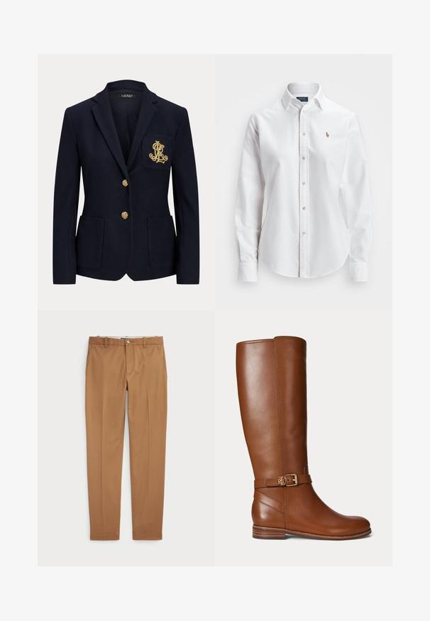 Navyblauwe blazer met gouden knopen, twee steekzakken aan de voorkant en een goud geborduurd logo op de linkerborstzak.; Witte, lange mouwen, button-up overhemd van katoen, met een klassieke kraag en een klein geborduurd logo op de borst.; Bruine katoenen broeken met een slim-fit ontwerp, vlakke voorkant en standaardzakken; gladde textuur en afgewerkte manchetten.; Bruine leren kniehoge laars met een kleine gouden gesp en het "RL" logo op de band bij de enkel, platte hak en een gladde afwerking.