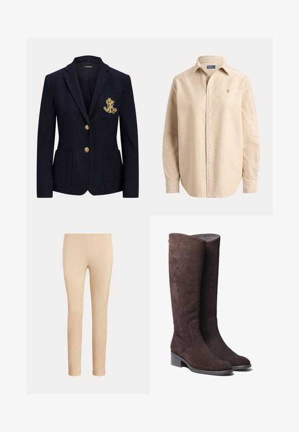 Blazer bleu marine avec boutons dorés, deux poches avant et un logo brodé en or sur la poche poitrine gauche.; Chemise beige à manches longues avec boutons et col, avec un petit logo brodé sur la poitrine gauche et des manches à revers classiques.; Pantalon beige slim fit longueur cheville avec une finition lisse, sans poches visibles ni ornements, sur un fond uni.; Bottes en daim marron jusqu'au genou avec un embout légèrement arrondi et un petit talon carré. Présente des détails de couture discrets sur les côtés.