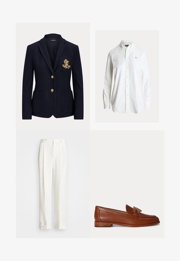 Navyblauwe blazer met gouden knopen, twee steekzakken aan de voorkant en een goud geborduurd logo op de linkerborstzak.; Wit overhemd met lange mouwen, knoopsluiting, button-down kraag en klein geborduurd polo spelerlogo op de linkerborst.; Witte op maat gemaakte broek met twee voorplooien, rechte snit en omgeslagen zoom. Gemaakt van een gladde stof, met een klassiek ontwerp.; Bruine leren loafer met lage gestapelde hak en gouden metalen gespdetail bovenop, getoond in zijaanzicht op een effen achtergrond.