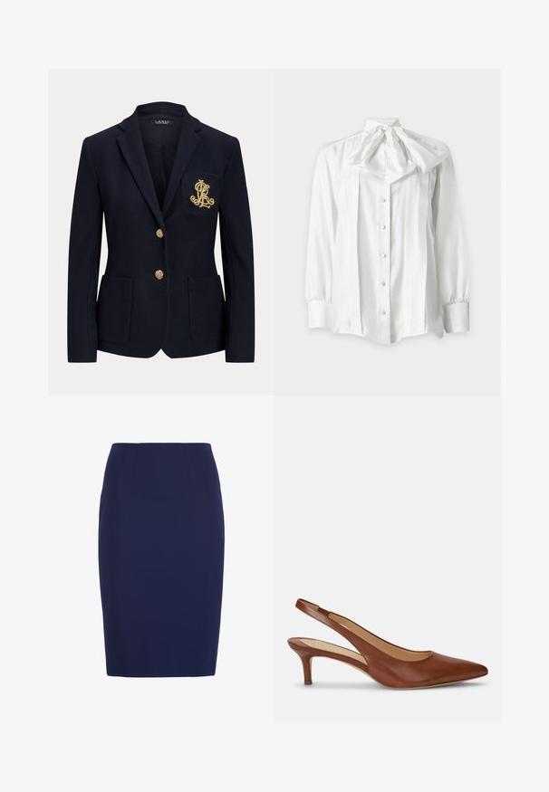 Blazer azul marino con botones dorados, dos bolsillos delanteros y un logo bordado en oro en el bolsillo izquierdo del pecho.; Blusa blanca de manga larga con botones en la parte delantera y un gran lazo anudado en el cuello, con detalles plisados en la parte frontal.; Falda lápiz azul marino hasta la rodilla con cintura ajustada y sutiles detalles de costuras verticales.; Zapato de mujer tipo slingback de cuero marrón con punta punteada y tacón bajo tipo kitten sobre fondo blanco.