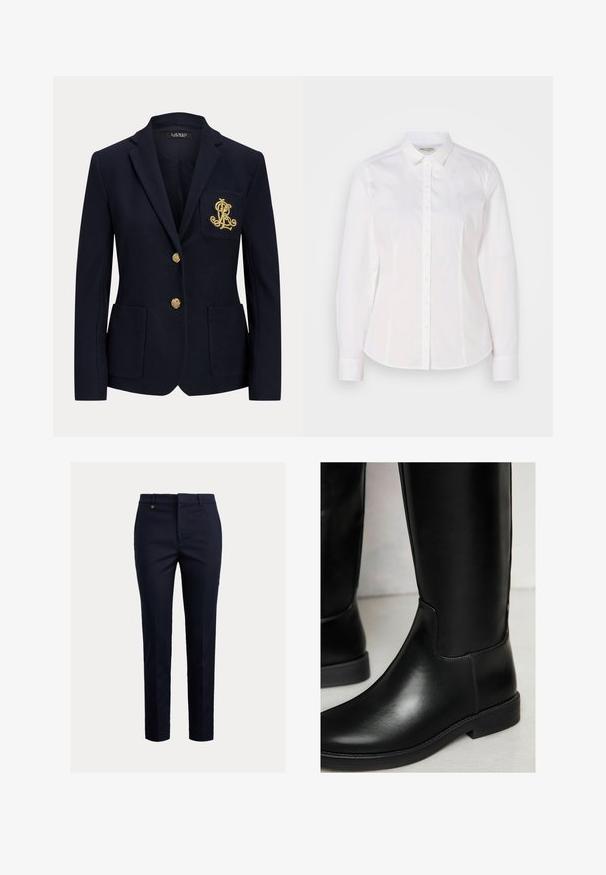 Marineblå blazer med gyldne knapper, to forlommer og et guldbroderet logo på venstre brystlomme.; Hvid skjorte med knaplukning lavet af glat bomuld, med klassisk krave, lange ærmer og et diskret logo på brystet. Har frontknaplukning.; Marineblå chinos lavet af bomuldsblanding med et tilspidset fit, flad front, sidelommer og en enkelt baglomme; har et lille guldlogo.; Sorte læder knæhæle støvler med en glat overflade, rund tå, minimal syning og en lav blokhæl. Har et slankt, tætsiddende design.