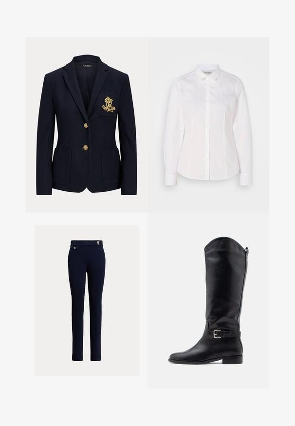 Blazer bleu marine avec boutons dorés, deux poches avant et un logo brodé en or sur la poche poitrine gauche.; Chemise blanche à boutons fabriquée en coton lisse, avec un col classique, des manches longues et un logo subtil sur la poitrine. Présente une fermeture à boutons sur le devant.; Pantalon slim-fit bleu marine avec taille haute, poches plaquées à l’avant avec bouton, et deux boutons décoratifs à la taille.; Botte haute en cuir noir avec talon bas, bout arrondi, bride latérale avec boucle et languette de tirage sur une tige lisse, sur fond blanc.