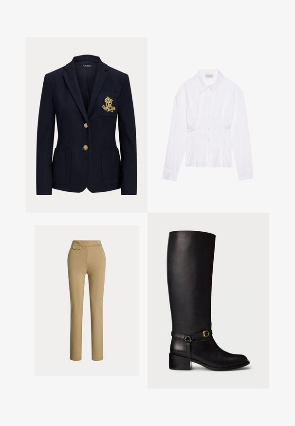 Marineblå blazer med gyldne knapper, to forlommer og et guldbroderet logo på venstre brystlomme.; Hvid langærmet bluse med klassisk krave, knaplukning foran og samlede side detaljer. Glat stof med en skræddersyet form.; Beige skræddersyede bukser med en glat tekstur, høj talje, to dekorative knapper og en enkelt baglomme. Lige ben-design.; Sort læderknæhøj støvle med lav blokhæl og dekorativ rem med en lille guldspænde ved anklen.