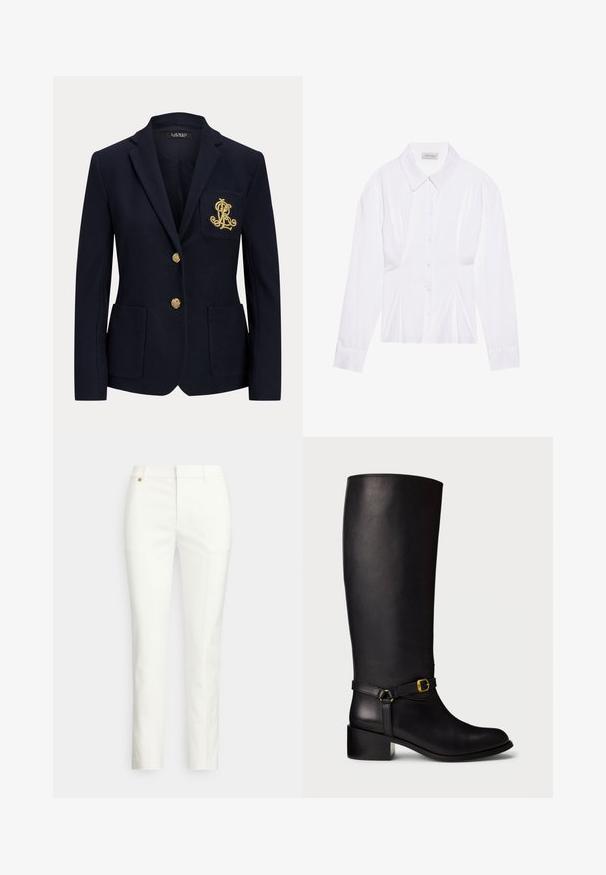 Navyblauwe blazer met gouden knopen, twee steekzakken aan de voorkant en een goud geborduurd logo op de linkerborstzak.; Witte blouse met lange mouwen en een klassieke kraag, met een sluiting aan de voorkant met knopen en geplooide details aan de zijkant. Glad materiaal met een getailleerde pasvorm.; Witte, op maat gemaakte broek met een slanke pasvorm, met een gladde textuur, riemlussen en een klein gouden metalen detail. Geen zichtbare zakken.; Zwarte leren kuitlange laarzen met een lage blokhak en een decoratieve band met een kleine gouden gesp op de enkel.