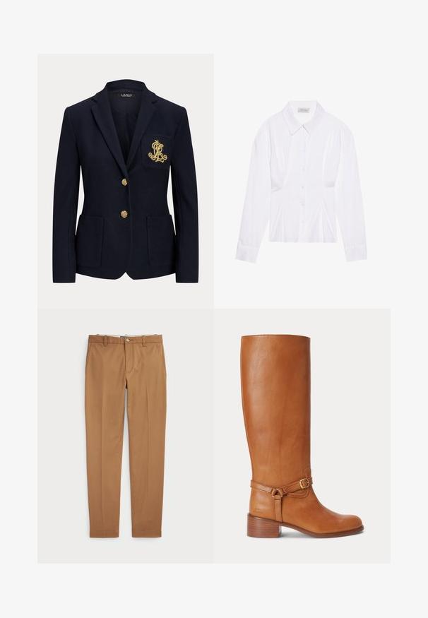 Navyblauwe blazer met gouden knopen, twee steekzakken aan de voorkant en een goud geborduurd logo op de linkerborstzak.; Witte blouse met lange mouwen en een klassieke kraag, met een sluiting aan de voorkant met knopen en geplooide details aan de zijkant. Glad materiaal met een getailleerde pasvorm.; Bruine katoenen broeken met een slim-fit ontwerp, vlakke voorkant en standaardzakken; gladde textuur en afgewerkte manchetten.; Hoge bruine leren laars met lage gestapelde hak en decoratieve riem met gouden gesp rond de enkel.