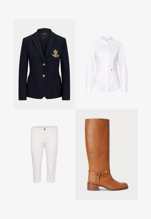 Marineblazer mit goldenen Knöpfen, zwei Fronttaschen und einem goldbestickten Logo auf der linken Brusttasche.; Weißes langärmeliges Hemd mit Knopfleiste, das eine kleine schwarze Rosenstickerei nahe der unteren Knopfleiste aufweist, mit spitzem Kragen und tailliertem Schnitt.; Weiße, aus Baumwolle gefertigte, cropped Hosen mit Knopfverschluss, die über Fronttaschen und eine glatte Oberfläche verfügen. Einfaches Design und gerader Schnitt.; Hohe braune Lederstiefel mit glatter Oberfläche, ausgestattet mit einem seitlichen Schnallenriemen und einem gestapelten Absatz. Das Obermaterial hat ein schlichtes, unverziertes Design.