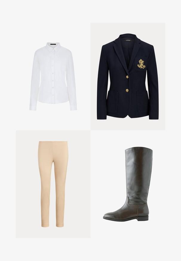 Marineblå blazer med gyldne knapper, to forlommer og et guldbroderet logo på venstre brystlomme.; Hvid langærmet skjorte med krave, knaplukning foran og manchetter. Fremstillet af glat stof med en tætsiddende pasform og uden synlige mønstre.; Beige slim-fit ankellange bukser med en glat finish og uden synlige lommer eller pynt på en ensfarvet baggrund.; Brun læder knæhøj støvle med en glat overflade, rund tå og minimal syning. Sålen er flad med en lav hæl.