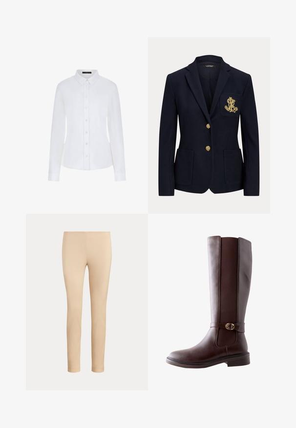 Blazer azul marino con botones dorados, dos bolsillos delanteros y un logo bordado en oro en el bolsillo izquierdo del pecho.; Camisa blanca de manga larga con cuello, cierre de botones en la parte delantera y puños. Elaborada en una tela suave con un diseño ajustado y sin patrones visibles.; Pantalones beige ajustados hasta el tobillo con un acabado liso y sin bolsillos visibles ni adornos sobre un fondo liso.; Next STANDARD FIT - FOREVER COMFORT ROUND BUCKLE DETAIL - Botas - new chocolate brown