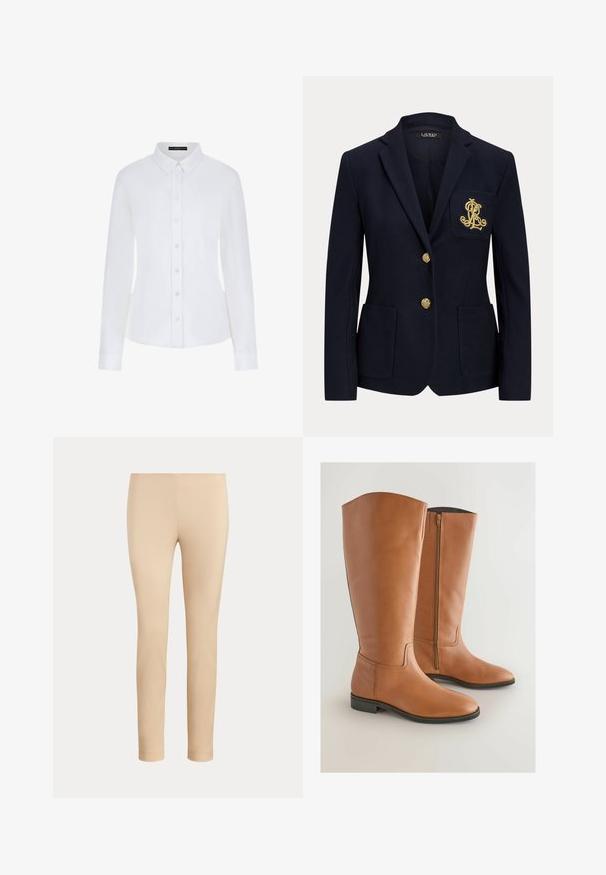 Navyblauwe blazer met gouden knopen, twee steekzakken aan de voorkant en een goud geborduurd logo op de linkerborstzak.; Witte lange mouwen shirt met een kraag, knoopsluiting aan de voorkant en manchetten. Gemaakt van soepel materiaal met een getailleerd ontwerp en zonder zichtbare patronen.; Beige slim-fit enkellange broek met een gladde afwerking en zonder zichtbare zakken of versieringen op een effen achtergrond.; Kastanjebruine leren laarzen tot de knie met een gladde afwerking, voorzien van een zijklep en een lage zwarte rubberen hak. Minimalistisch ontwerp en een ronde neus.