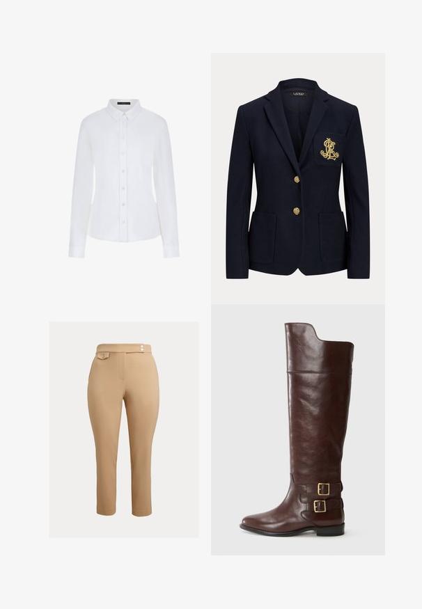 Blazer azul marino con botones dorados, dos bolsillos delanteros y un logo bordado en oro en el bolsillo izquierdo del pecho.; Camisa blanca de manga larga con cuello, cierre de botones en la parte delantera y puños. Elaborada en una tela suave con un diseño ajustado y sin patrones visibles.; Pantalones beige ajustados con cintura alta, que presentan dos pequeños botones decorativos en la cinturilla y un bolsillo con solapa y botón en el lado derecho.; Bota de cuero marrón hasta la rodilla con punta redonda, que presenta dos hebillas en tono dorado en el tobillo y una textura suave y pulida.