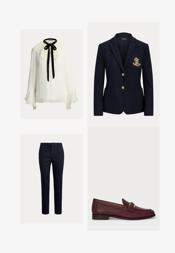Navyblauwe blazer met gouden knopen, twee steekzakken aan de voorkant en een goud geborduurd logo op de linkerborstzak.; Witte blouse met een geplooide, gerimpelde kraag, zwarte fluwelen strik en drie knopen aan de voorkant. Uitlopende mouwen met een doorschijnende textuur.; Marineblauwe chino's gemaakt van een katoenmix met een taps toelopende pasvorm, een vlakke voorkant, zijzakken en een enkele achterzak; voorzien van een klein goudkleurig logo.; Bordeaux leren loafers met een gladde afwerking, voorzien van een decoratieve gesp en stikdetails, een platte houten hak en een ronde neus.