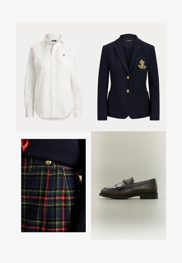 Marineblå blazer med gyldne knapper, to forlommer og et guldbroderet logo på venstre brystlomme.; Hvid langærmet skjorte med knapper, krave og lille blåt logo af en polospiller på venstre bryst.; Marineblå strikketrøje oven på et ternet nederdel med grønne, røde og gule nuancer, med guldknapdetaljer og tekstureret uldstof.; Mørkebrun læderloafer med frynser og guldbeslag på sort sål, vist fra siden på en neutral baggrund.