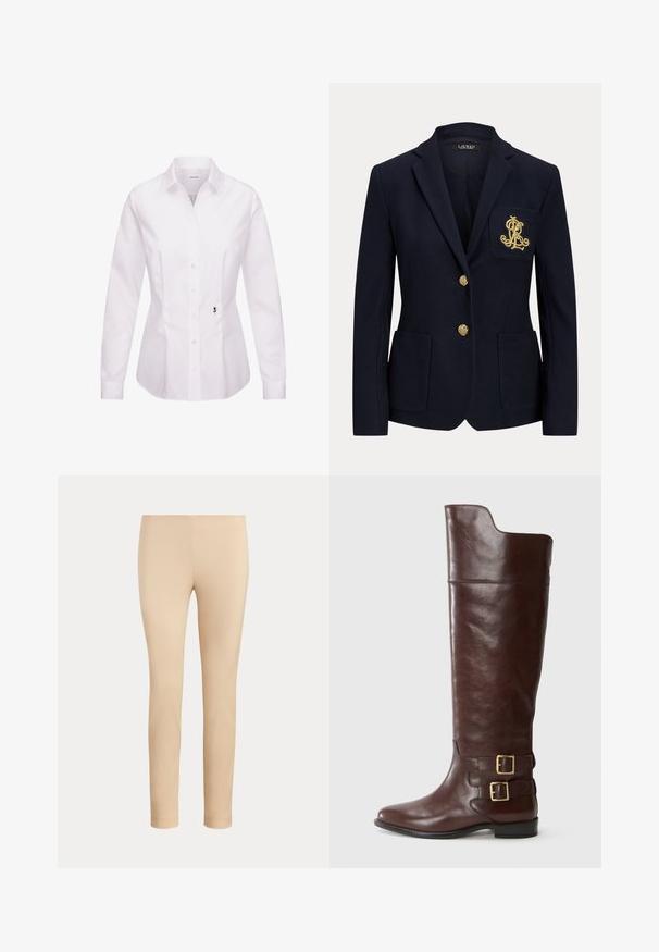 Marineblå blazer med gyldne knapper, to forlommer og et guldbroderet logo på venstre brystlomme.; Hvid langærmet skjorte med knapper, klassisk krave, frontplade, sidesømme og en sort broderet rosedetalje nær kanten.; Beige slim-fit ankellange bukser med en glat finish og uden synlige lommer eller pynt på en ensfarvet baggrund.; Brune læderknæhøj støvle med en rund tå, der har to guldtonede spænder ved anklen og en glat, poleret overflade.