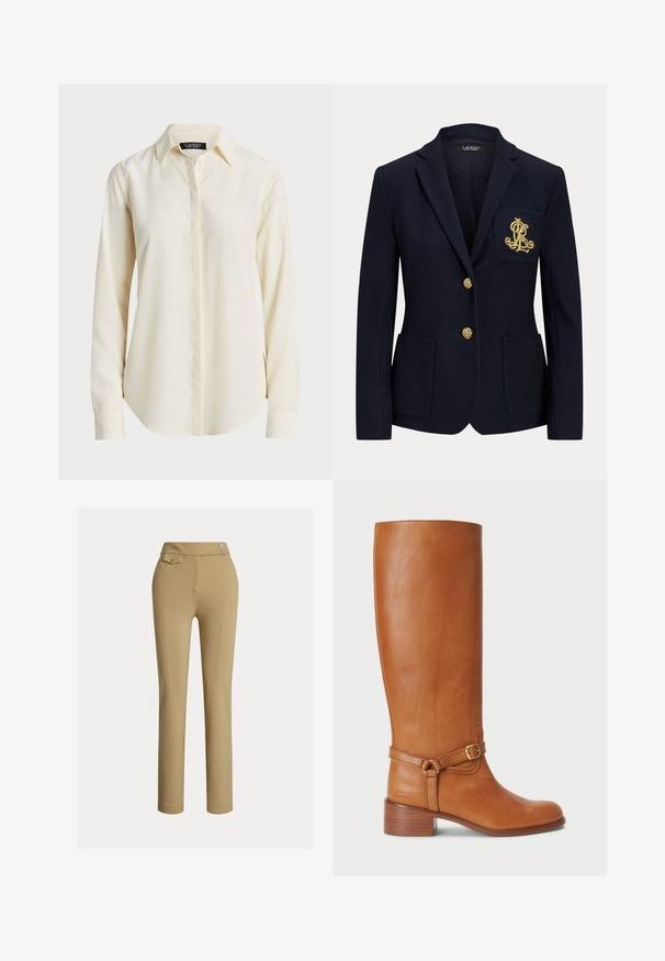 Blazer bleu marine avec boutons dorés, deux poches avant et un logo brodé en or sur la poche poitrine gauche.; Chemise à manches longues crème clair avec un col pointu, un devant à boutons et une texture lisse ; présente un ourlet arrondi et une coupe ajustée.; Pantalons beiges ajustés avec une texture lisse, taille haute, deux boutons décoratifs et une poche arrière. Design à jambe droite.; Bottes en cuir marron hautes avec une finition lisse, dotées d'une sangle à boucle sur le côté et d'un talon empilé. La tige présente un design épuré et sans ornement.