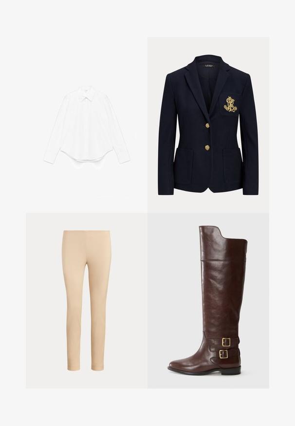 Blazer bleu marine avec boutons dorés, deux poches avant et un logo brodé en or sur la poche poitrine gauche.; Chemise blanche à manches longues en coton, avec un col pointu, une fermeture à boutons sur le devant et un ourlet arrondi avec des poignets larges.; Pantalon beige slim fit longueur cheville avec une finition lisse, sans poches visibles ni ornements, sur un fond uni.; Botte en cuir marron montante avec un bout arrondi, dotée de deux boucles en métal doré au niveau de la cheville et d'une texture lisse et polie.