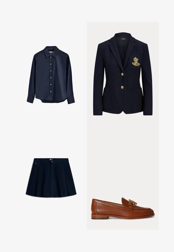 Blazer azul marino con botones dorados, dos bolsillos delanteros y un logo bordado en oro en el bolsillo izquierdo del pecho.; Camisa azul marino de manga larga con botones, hecha de tela suave. Presenta un cuello puntiagudo, una tapeta de botones y un pequeño logo rojo en el pecho.; Minifalda plisada de color azul marino con botones frontales y cremallera, trabillas para cinturón, bolsillos laterales y pequeño logo en la cadera izquierda.; Mocasín de cuero marrón con tacón bajo apilado y detalle de hebilla metálica dorada en la parte superior, mostrado en perfil lateral sobre un fondo liso.