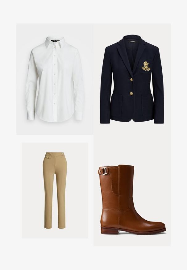 Marineblazer mit goldenen Knöpfen, zwei Fronttaschen und einem goldbestickten Logo auf der linken Brusttasche.; Weißes langärmliges Hemd aus Baumwolle mit Knopfleiste. Verfügt über einen klassischen Kragen, sieben Knöpfe und ein dezentes, auf die Brust gesticktes Logo.; Beige Slim-Fit-Hosen für Frauen mit hoher Taille, zwei Knöpfen an der Seite und einer kleinen Knopftasche nahe des Bundes.; Brauner Leder-Stiefelette mit glatter Oberfläche, abgerundeter Spitze und dekorativer Schnalle an der Seite. Verfügt über einen niedrigen Holzabsatz und minimalistische Nähte.