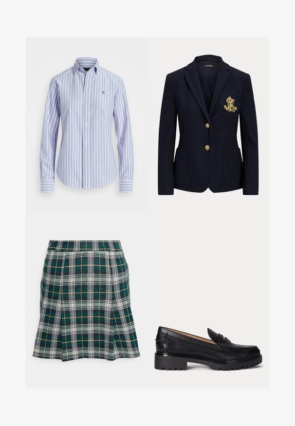 Navyblauwe blazer met gouden knopen, twee steekzakken aan de voorkant en een goud geborduurd logo op de linkerborstzak.; Lichtblauw-wit verticale gestreepte blouse met lange mouwen, knopen, kraag en klein geborduurd logo op de borst.; Hollister Co. PLEATED MINI SKIRT - Minirok - green; Zwarte leren loafer met dikke profielzool, lage hak en decoratief bandje aan de voorkant.