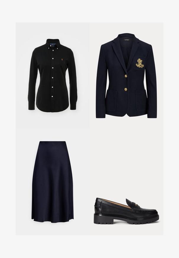 Marineblazer mit goldenen Knöpfen, zwei Fronttaschen und einem goldbestickten Logo auf der linken Brusttasche.; Schwarzes Langarmhemd aus Baumwolle mit Button-Down-Kragen, ausgestattet mit weißen Knöpfen und einem kleinen gestickten Logo auf der Brust.; Marineblauer Satin-Midirock mit glatter Textur, ausgestelltem Schnitt und tailliertem Bund, der einen eleganten und minimalistischen Stil bietet.; Schwarzer Lederloafer mit grober profillierter Sohle, niedrigem Absatz und dekorativem Riemen über dem Vorderfuß.