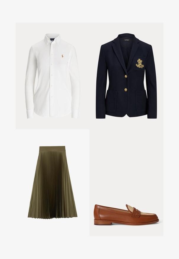 Marineblå blazer med gyldne knapper, to forlommer og et guldbroderet logo på venstre brystlomme.; Hvid skjorte med lange ærmer og knapper, med knaplukket krave og lille broderet polo-spillerlogo på brystet.; Olivengrøn midi-nederdel med bredt linning og fine lodrette folder, udvidet ved kanten, på hvid baggrund.; Brun læderloafer med vævet beige panel på toppen, lavt træhæl og traditionelt penny-strap design på hvid baggrund.